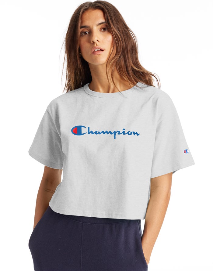 Champion Heritage Cropped Script Logo - Naisten Harmaat T-Paita - Suomi 9814263-MT